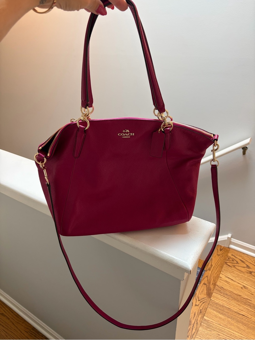 COACH Pebble Leather Shoulder Tote in Deep Berry